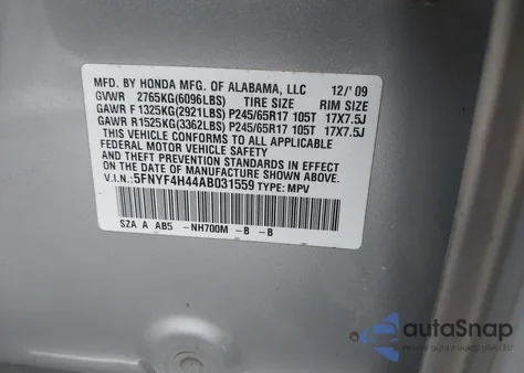 2010 Honda Pilot Ex from USA, damaged, VIN 5FNYF4H44AB031559